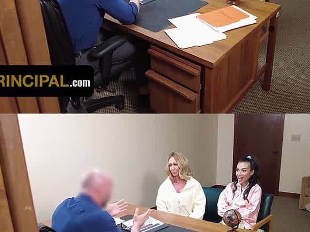 Principle had over Fitwife Jewels and her stepdaughter at his office, ending up having FFM