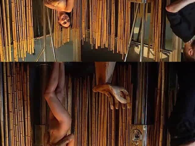 Moist sex in a bamboo shower with a giant amount of sperm