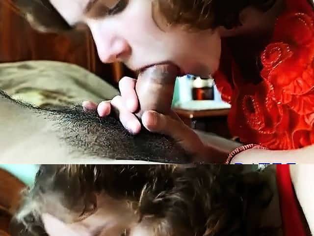 Submissive Girl gives blowjob, licks cum afterward