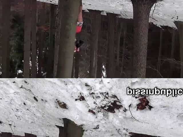Gals in need skate around in the snow to discover a proper place to have a pee