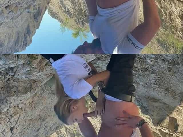 Blonde Babe Sucks a Big Cock Outdoors in a Canyon