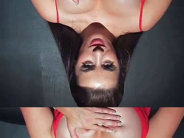Brunette in red underwear loves solo fucktoy play