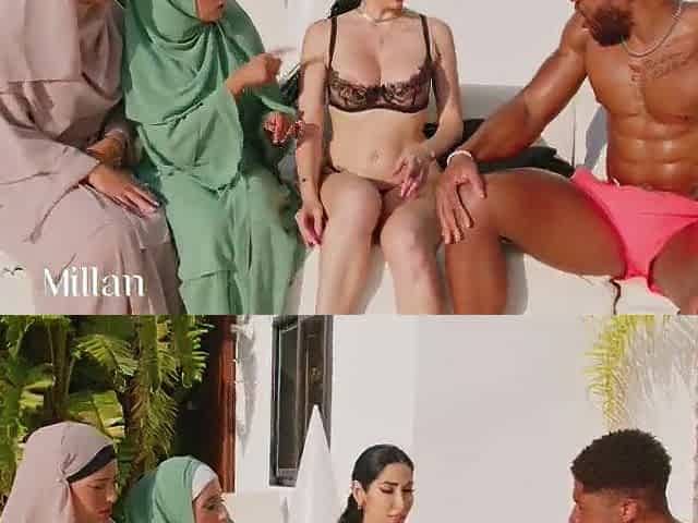 3 beauties wearing hijabs get lascivious on by the pool