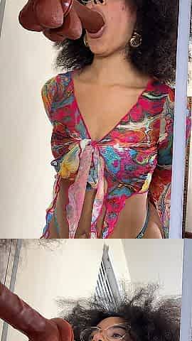 Hawt Black Wench Gives Fortunate Vibrator BJ in the Mirror