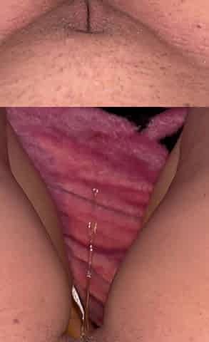 Girl kneeling on bed takes a piss