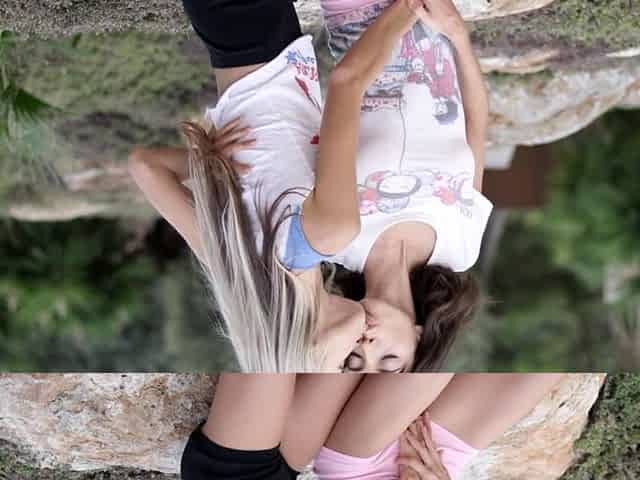 Pale blonde and tanned brunette lesbians