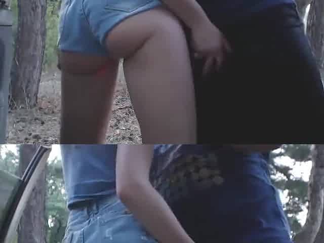 Amateur blonde in tight denim shorts sucking a cock