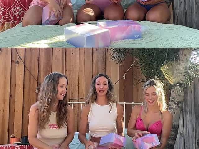 Cute topless gals unboxing sextoys