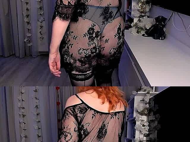 Passionate Dance of the Red-haired Goddess: Mature Woman in a Transparent Lace Dress and Blue Bodysuit Reveals Her Sexuality in