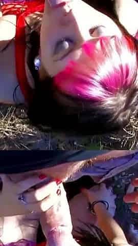 Colored hair babe enjoys in outdoor anal fuck