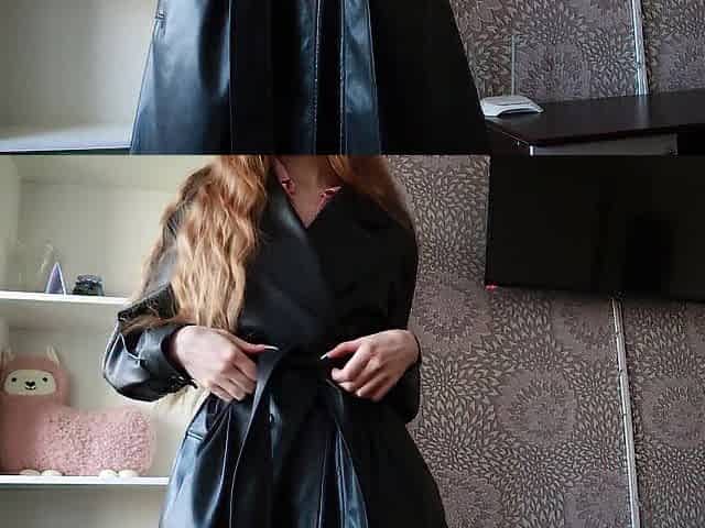 GAL IN A LEATHER COAT AND EBONY HOSE STRIPS AND MASTURBATES VIRGIN VAGINA