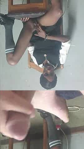 Black Teenager Play with Black Pussy in Her School Uniform on a Chair