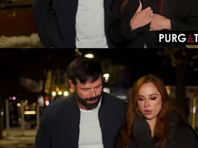 Tiny redhead drops to her knees in a darksome alley to suck his penis