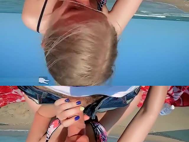 POV public beach sex - cowgirl in swimsuit - teen blowjob - point of view