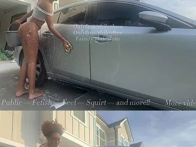 Black Washes Her Car in Skimpy Raiment During the time that Neighbour Watches