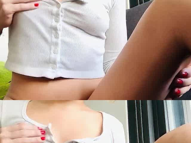 Teasing / cute dress spits on ideal natural breasts
