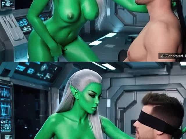AI Generated Lascivious Alien Playgirl Blindfolds Captive Boy in UFO - Interstellar Screw SciFi Dream