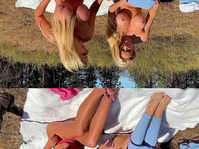 2 Large Titty Milfs Tanning Tempt A Hiker To Get A Shared Creampie