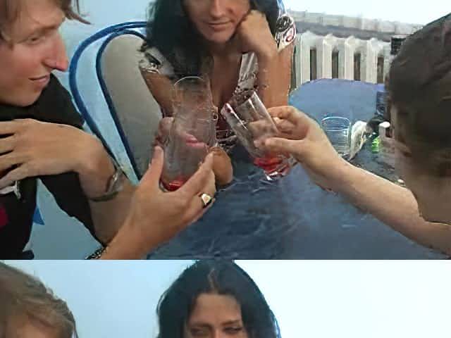 Drunk Russian whore with long dark hair enjoying a hardcore threesome