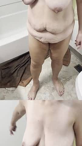 Aged woman saggy melons undressing and peeing in biffy