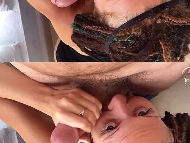 Tattooed gal gets large cock from butt to throat on the balcony