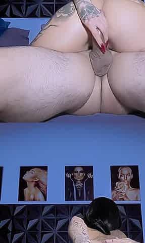 Inked Ass Bouncing on Dick: Intense Riding & Double Creampie (back View)