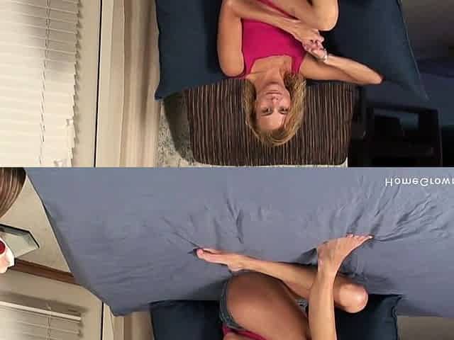 Flat chested blonde MILF masturbating with her toys