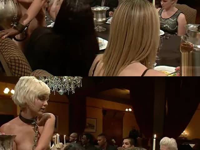 Submissive Nude waitress serves the dinner