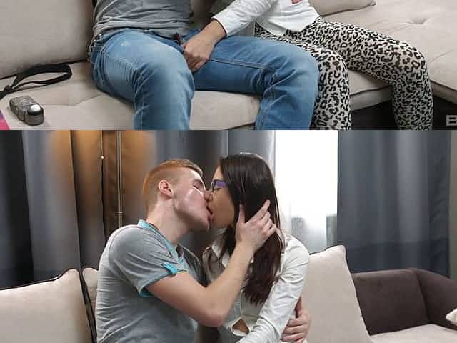 Nerdy girl with small tits quickly climbs up on the erected schlong