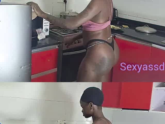 Naughty Black Fascinating Beauty Open Her Soaked Creamy Vagina in Kitchen