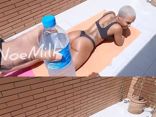 Noe Milk is sunbathing on her terrace, I put oil on her and end up banging her mercilessly.