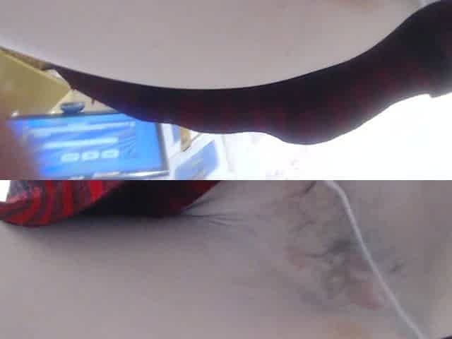 Under Red Skirt, Remove Stockings and Masturbate