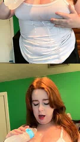 Solo redhead babe masturbates close up with food and toys
