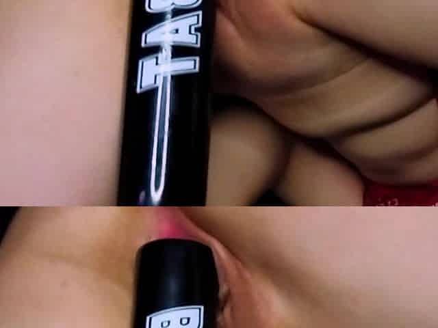 Teen in Red Stockings Love Fuck Her Tight Pussy with Baseball Bat