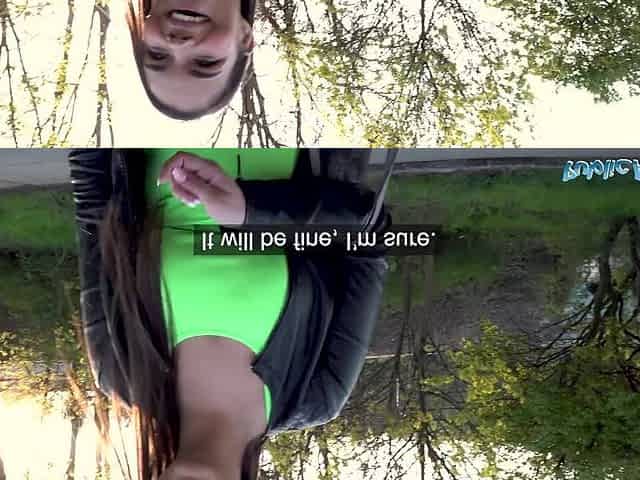 Public Agent Sofia Lee screwed next to a live educate track