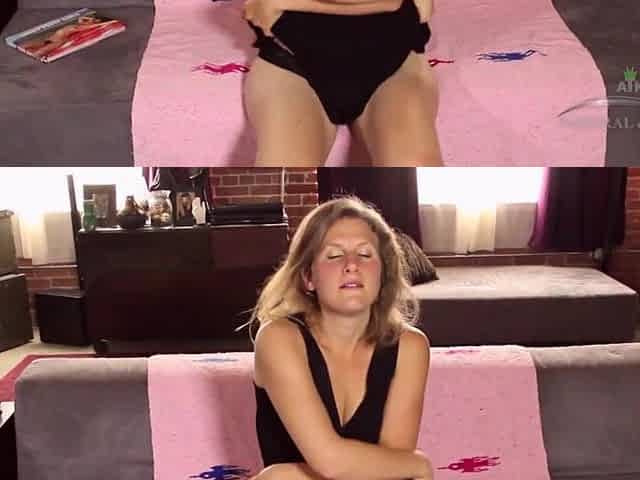 Solo unshaved golden-haired Shoshannah gets her bush soaking soaked with her dildo and orgasms