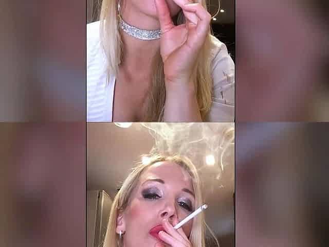 Beautiful Blonde MILF with Big Breasts Smokes in Front of