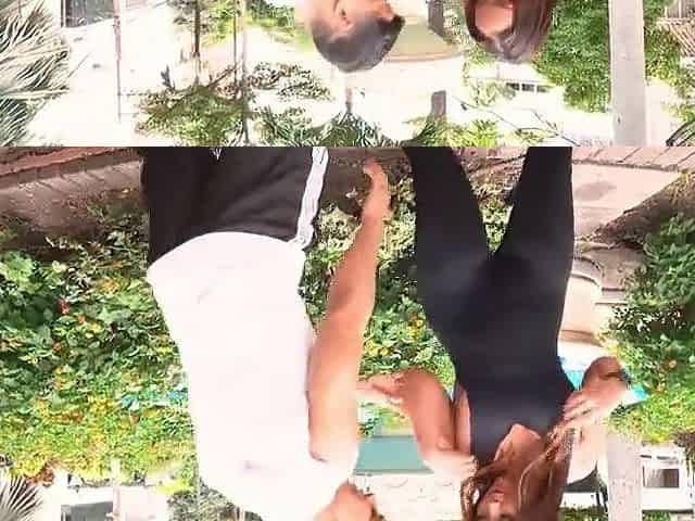 Consummate brunette hair with a large butt seduces her personal coach in the park to take him home