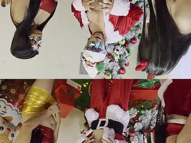 Christmas threesome with Santa Claus and 2 large-bootied, large-breasted stepsisters