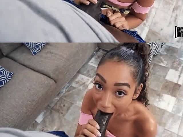 Flat-chested ebony Sarah Lace sucks and gets fucked by a BBC
