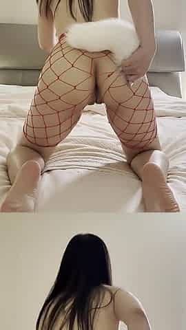 Asian Intense Masturbation with Butt Plug and Vibrator, Fishnet Stockings Fantasy