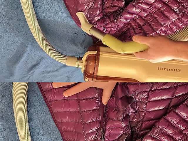 Vacuuming Girlfriend's Pink Ghost Whisperer Down Jacket with vintage Electrolux