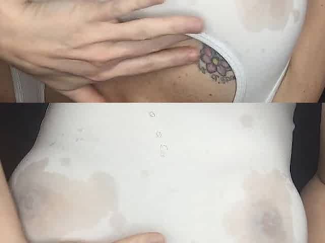 Myra soaks her tee with piddle and plays with her teats. Custom ASMR