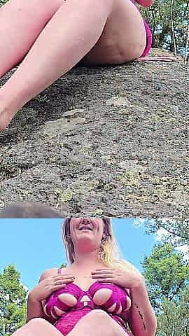 Pt. 1 golden-haired in pink underware squirting on feet in woods