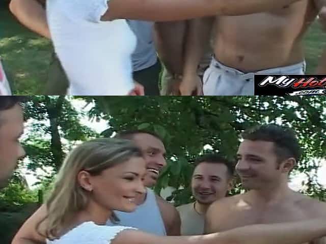 Cute blonde wants to enjoy a hot gangbang game with randy hunks