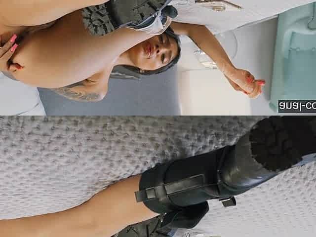 Hottest Latin chick rubbing large rubber dong in her butt