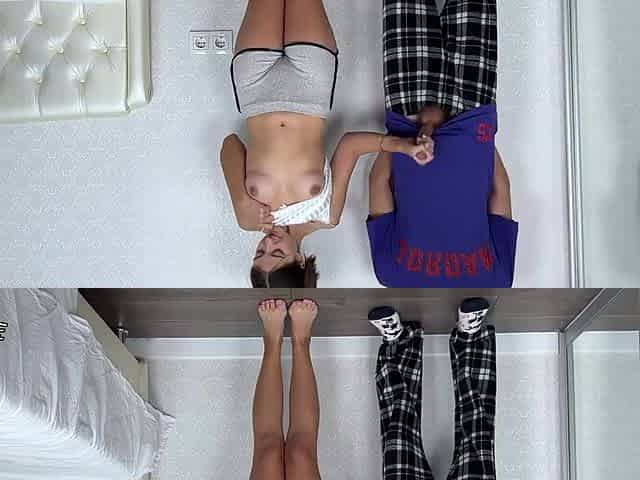 Stepbrother stands calmly while naked stepsister jerks him off