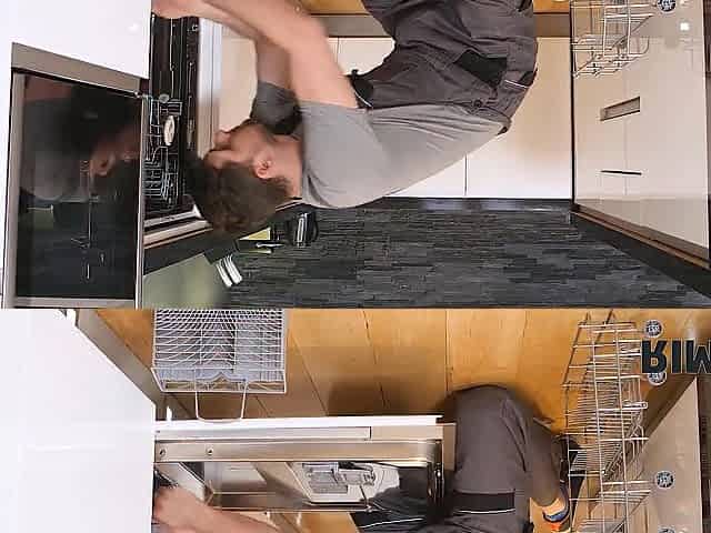 RIM4K. Beauty interrupts repairer and begins licking his butt by the dishwasher