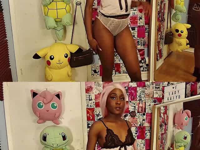 Thick ebony gal LADYKAIYO in a hot one-piece proving no brassiere is more excellent