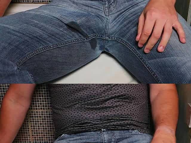 Chap pissing on jeans and masturbation with jizz flow